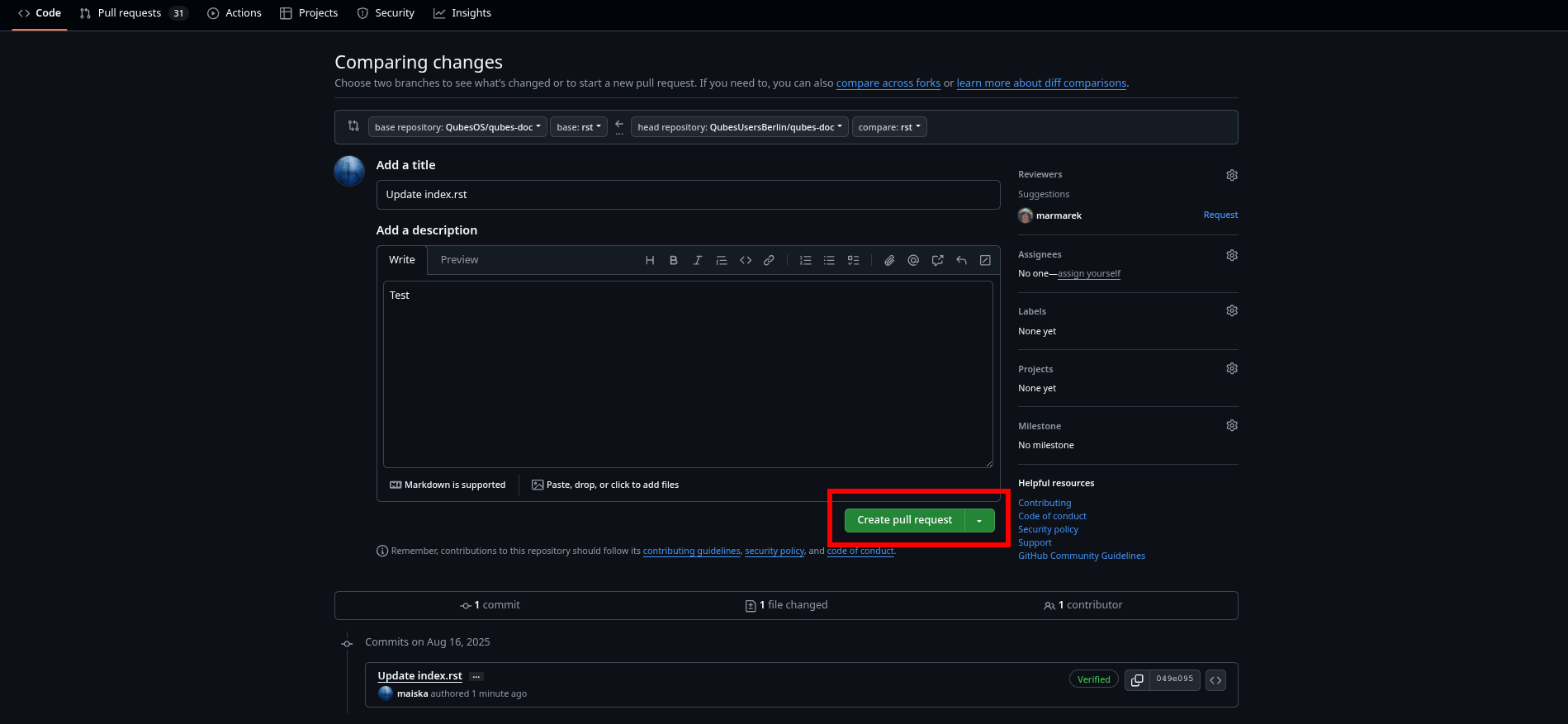 Highlights the create pull request button on GitHub when creating a pull request
