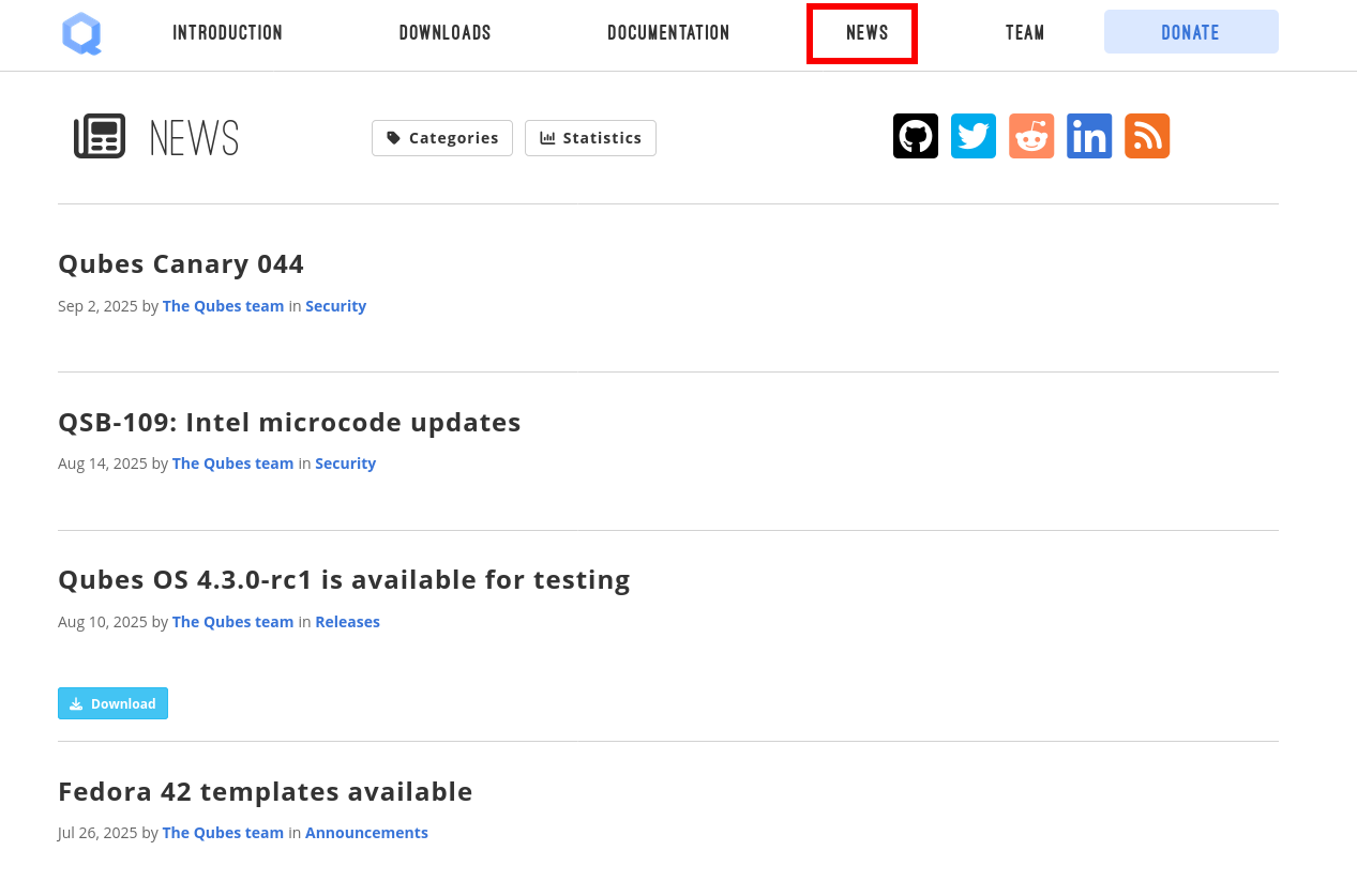 Depicts the News section of the Qubes OS website