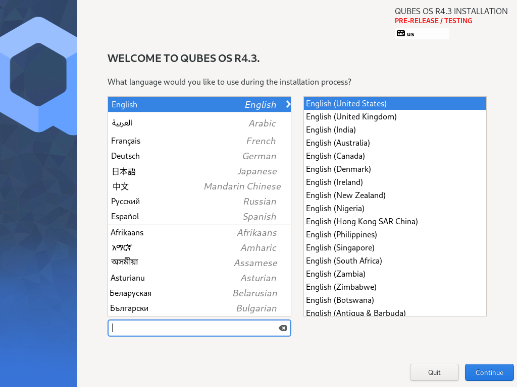 Language selection window